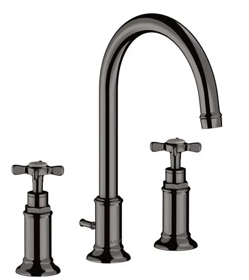 Waschtischarmatur mit zwei Kreuzgriffen und hohem, gebogenem Auslauf in Polished Black Chrome, hergestellt von AXOR. Zugstangen-Ablaufgarnitur integriert.